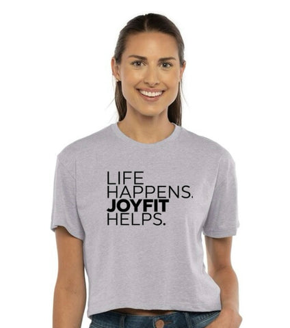 JoyFit Grey Crop Life Happens T-shirt